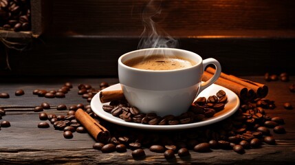 Delicious looking coffee in a cup with coffee beans in rusty wood background