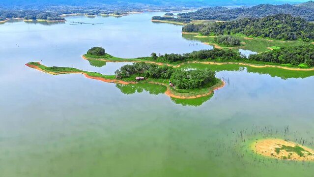Aerial 4k video of Ulu Kasok Riau tourist attraction, the Raja Ampat wannabe in Riau province, Sumatra island, Indonesia.