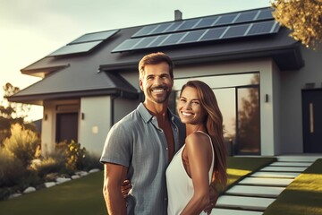 Happy couple infront of a house with solar panels