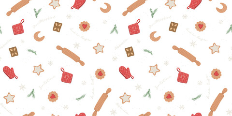 Cute hand drawn traditional Austrian and German Christmas cookies and baking stuff seamless pattern, great for textiles, napinks, table cloth, wrapping - vector design - obrazy, fototapety, plakaty