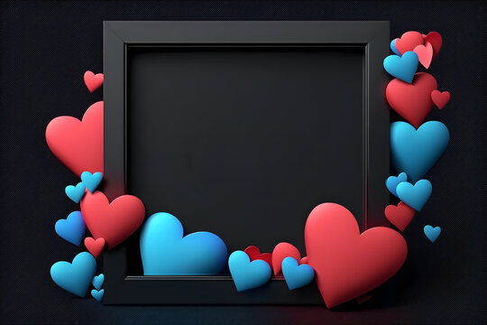 Black photo frame with blue and red hearts, mockup valentines day template