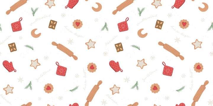 Cute hand drawn traditional Austrian and German Christmas cookies and baking stuff seamless pattern, great for textiles, napinks, table cloth, wrapping - vector design