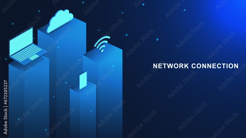 Poster wireless network connection with laptop, smartphone, cloud computing isometric for digital communica