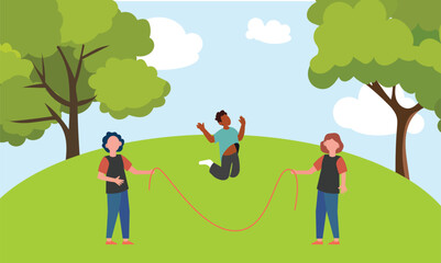 Fototapeta premium group of children in the park playing jump rope in color vector illustration