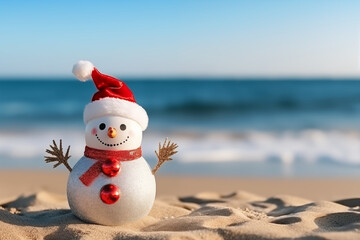 Snowman in red Santa Claus hat on the edge of the tropical beach. Advertising concept, free space for text. AI generated content.