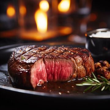 Rare steak with vegetables at luxury restaurant