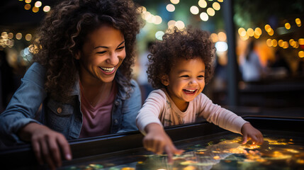 A cute African-American child with afro curls with her mother playing air hockey at an amusement park - obrazy, fototapety, plakaty