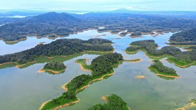 Aerial 4k video of Ulu Kasok Riau tourist attraction, the Raja Ampat wannabe in Riau province, Sumatra island, Indonesia.