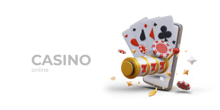 Online casino poster with place for text. Gambling concept, playing poker in mobile app. Slot machine, game cards, red chips, smartphone. Vector illustration in 3D style