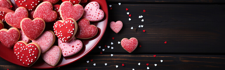 Baked with Heart: Plate of Red Valentine's Sugar Cookies from Above © 22Imagesstudio