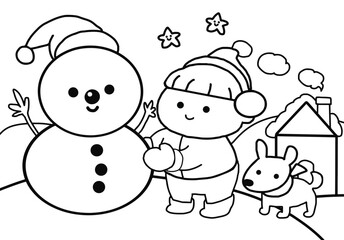 Happy kid makes snowman with his dog-coloring pages doodle art .
