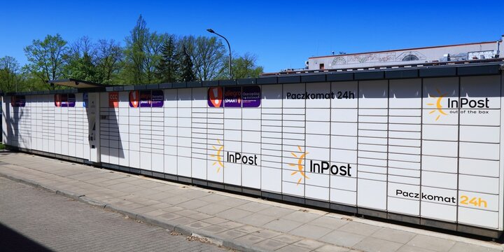 KEDZIERZYN-KOZLE, POLAND - MAY 11, 2021: Automated parcel locker box machine Paczkomat in Poland. Paczkomat machines were popularized by company InPost in Poland.
