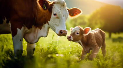 Calf drinking milk from mother. Cow with newborn calf on green grass of meadow. - obrazy, fototapety, plakaty