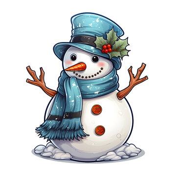 recommend clip art: Snowman with Cyan Hat and Muffler Illustration on Transparent Background, AI Generated