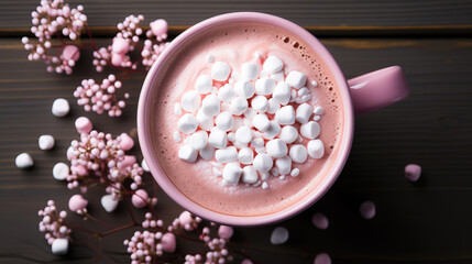 Fototapeta na wymiar Mug of Joy: Overhead View of a Pink Cup with Hot Chocolate, Cream, and Marshmallows