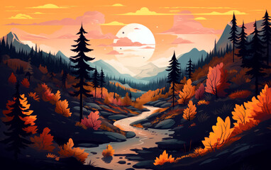 Illustration design of wild mountains landscape on autumn season at sunset. Design for banner, poster, flyer or card.