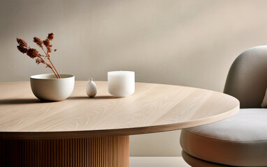 Minimalist living room with nice warm oak tones in japanese decoration style. - obrazy, fototapety, plakaty
