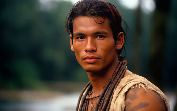 Portrait of amazonian man. Powerful and attractive indigenous male.
