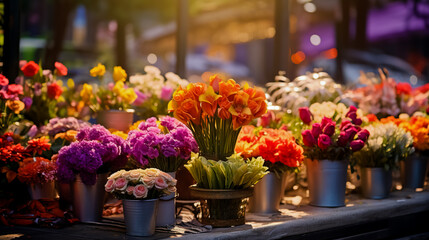 Flower arrangements for sale at local market. - obrazy, fototapety, plakaty