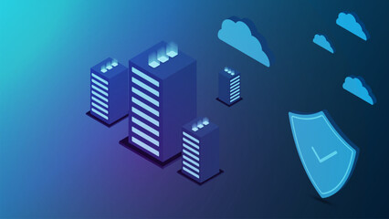 Cloud storage with cyber security isometric. Protection network security and safe data concept. Cloud computing technology background.