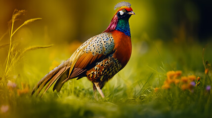 Fototapeta premium Male common pheasant walking on the green meadow, blurred background.