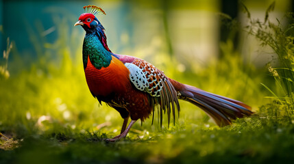 Fototapeta premium Male common pheasant walking on the green meadow, blurred background.