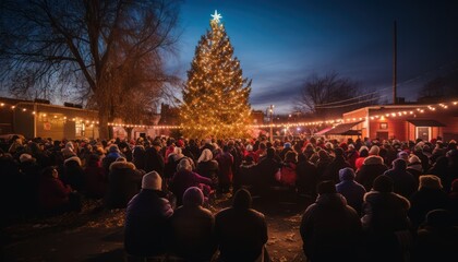 Obraz premium Photo of a Festive Gathering Around a Majestic Christmas Tree