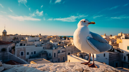 White seagull is standing on the fortress wall on the background of the city tiled roofs. - Powered by Adobe