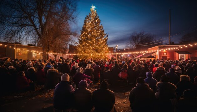 Photo of a Festive Gathering Around a Majestic Christmas Tree