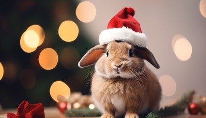 Photo of a Festive Bunny with a Santa Hat Posing on a Table