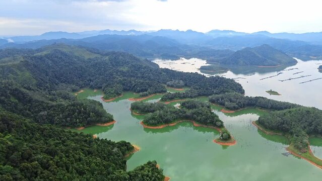 Aerial 4k video of Ulu Kasok Riau tourist attraction, the Raja Ampat wannabe in Riau province, Sumatra island, Indonesia.