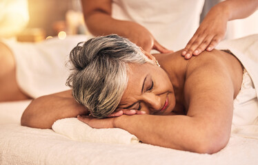 Face, woman and back massage at spa for healing muscle, skincare treatment or holistic therapy at...