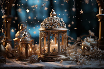 Enchanted Christmas Winter Scene with Ornate Lanterns, Snow, and Starry Bokeh.
