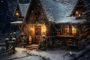 Cozy wooden cottage house in winter forest decorated for Christmas