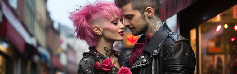 Happy punk couple outdoor at Valentine's Day - obrazy, fototapety, plakaty