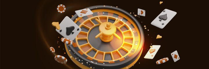 Creative horizontal casino concept. Roulette, from which poker chips, cards, stars fly away. Dynamic effect, realistic illustration on black background. Luxurious, expensive club - obrazy, fototapety, plakaty