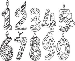 Vector birthday party supplies doodles hand drawn, birthday years, candles for birthdays, funny numbers, holiday decorations, anniversaries, 