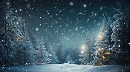Snowy pine trees and festive ornaments on a winter background with copy space - obrazy, fototapety, plakaty