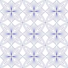 Square geometric seamless pattern with blue flowers.  Winter mandala vector background. Decorative geometric ornament on white background. Tile with lace ornament.