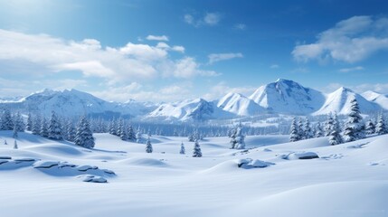Fototapeta premium Incredible winter landscape with snowcapped TREES trees in frosty morning. Amazing nature scenery in winter mountain valley. Awesome natural background. Soft light effect