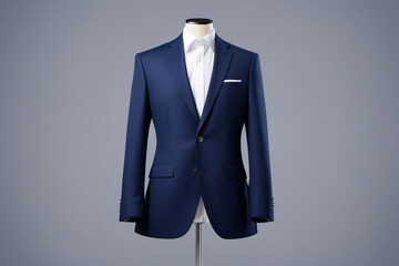 Front view of dark blue modern business jacket with white shirt on the tailor's dummy.