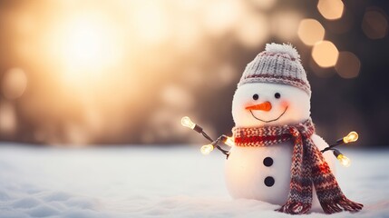 Snowman with hat and scarf on snowy background with bokeh lights and sun rays with copy space - Winter holiday Christmas banner