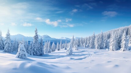 Incredible winter landscape with snowcapped TREES trees in frosty morning. Amazing nature scenery in winter mountain valley. Awesome natural background. Soft light effect