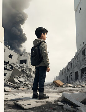 child in destroyed city in Palestine Israel war conflict. Humanitarian crisis concept.Free Palestine.