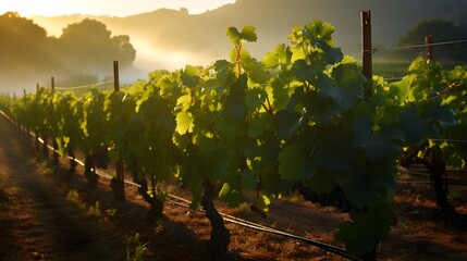 Fototapeta premium Organic vineyard at dawn, eye-level shot of grapevines bathed in morning light, dew-kissed leaves indicating nature's touch, underscoring organic practices.