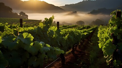 Organic vineyard at dawn, eye-level shot of grapevines bathed in morning light, dew-kissed leaves...