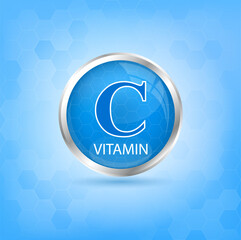 Vitamin C icon structure blue substance. 3D Vector Illustration. Personal care, beauty concept. Medicine health symbol of thiamine. Drug business concept. Vitamin complex with chemical formula.	