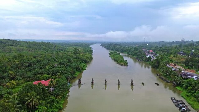 Aerial 4k video of Siak River in Sumatra, Indonesia