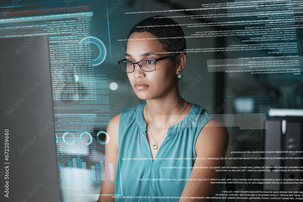 Poster computer data, hologram hud or woman review finance chart, stock market database or futuristic night