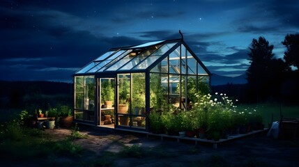 Greenhouse under stars, night shot of a greenhouse illuminated from within, a beacon of hope in the dark, showcasing controlled farming environments.